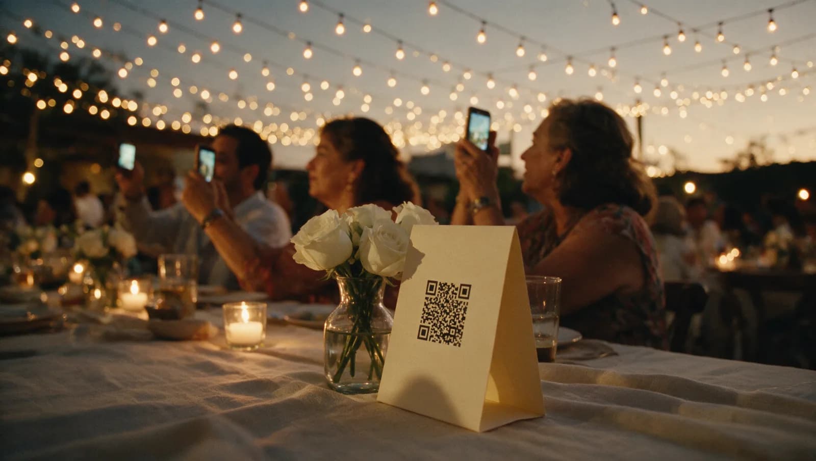 Mesa de una boda de jardín al anochecer con el caballete del código QR parado junto a un florero de rosas blancas y una vela, mientras tres invitados de distintas edades al fondo, fuera de foco, levantan sus celulares para fotografiar la fiesta bajo las series de foquitos