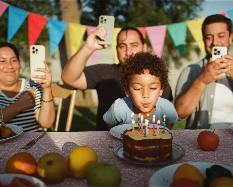Un niño sopla las velitas de su pastel de cumpleaños mientras tres adultos lo graban con los celulares en alto.